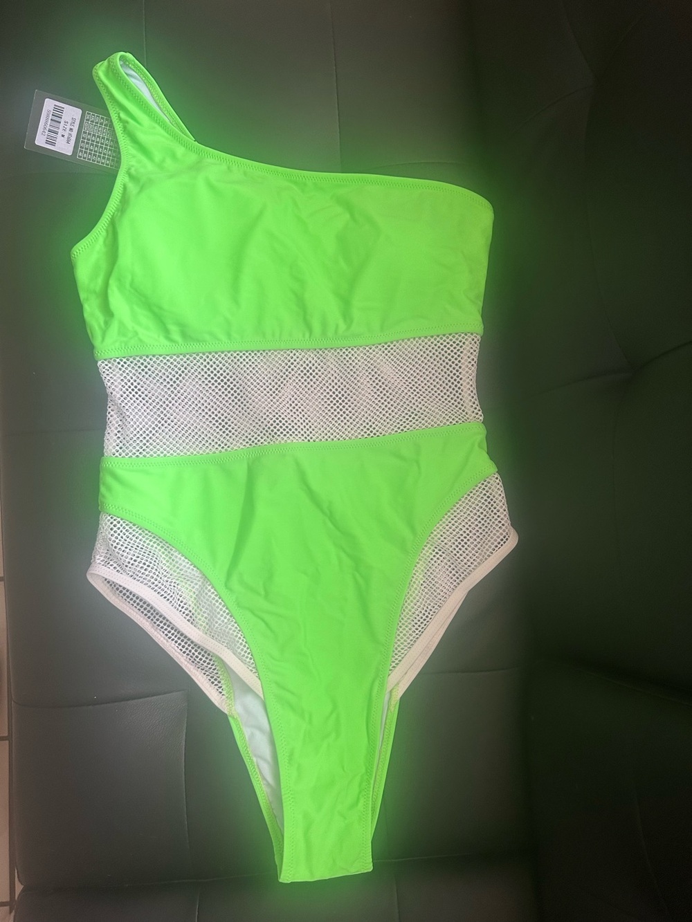 Women’s One-Shoulder Neon Green Mesh One-Piece Swimsuit